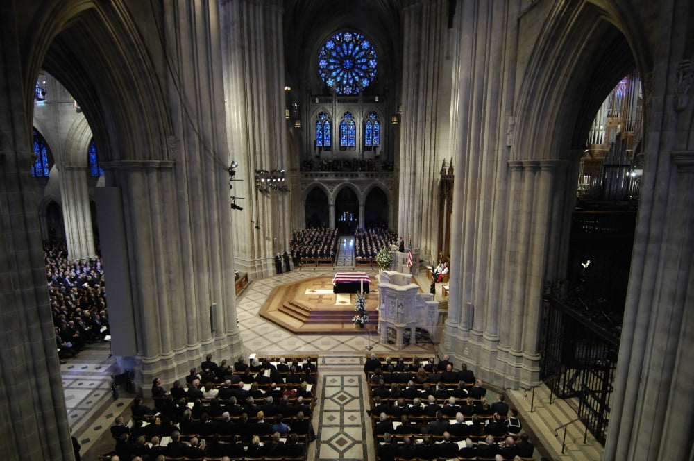 A casket lies in place at the Washington National Cathedral Canvas Art - Stocktrek Images (34 x 23)