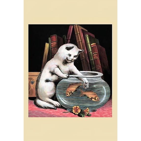 A cat reaches in the fish bowl for a pair of goldfish. Poster Print by unknown (24 x 36)