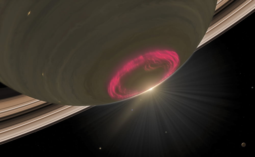 A cherry-red aurora hovering over Saturns south pole Canvas Art - Stocktrek Images (35 x 22)