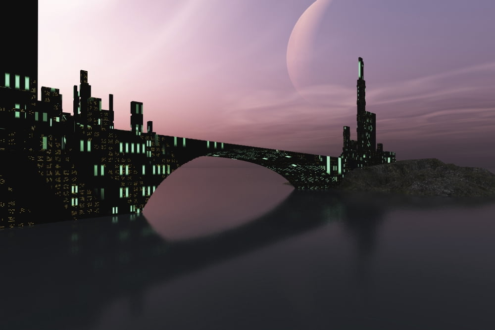 A city is reflected in calm waters on another world out in the galaxy Canvas Art - Corey FordStocktrek Images (35 x 23)