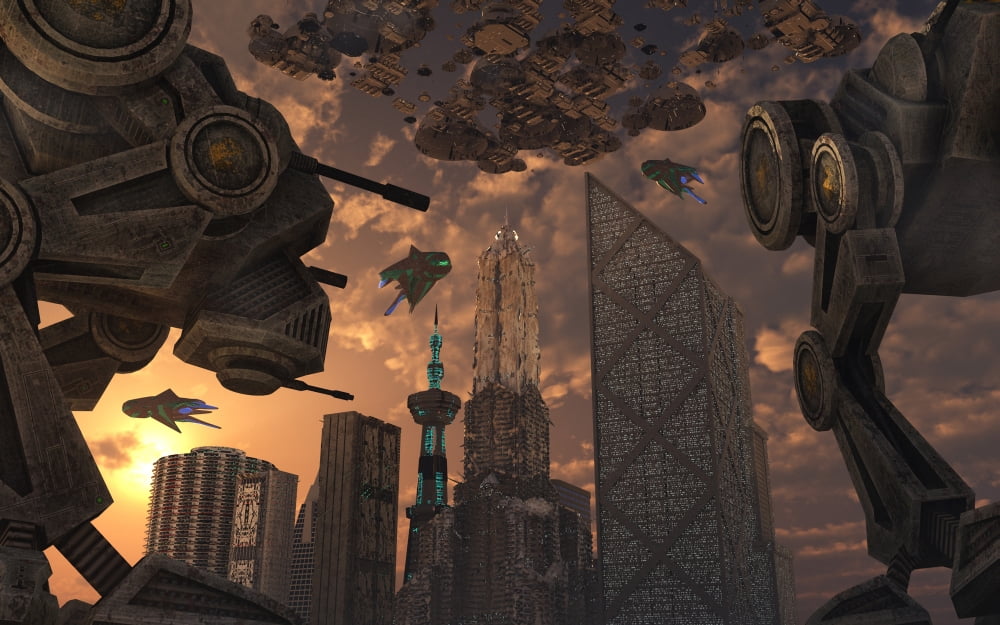 A city of the future guarded by battle droids Canvas Art - Mark StevensonStocktrek Images (36 x 23)