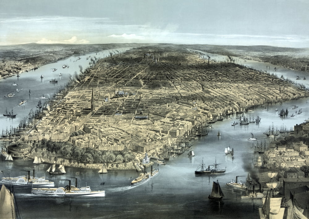 A cityscape view of New York City circa 1850 Canvas Art - John ParrotStocktrek Images (17 x 12)