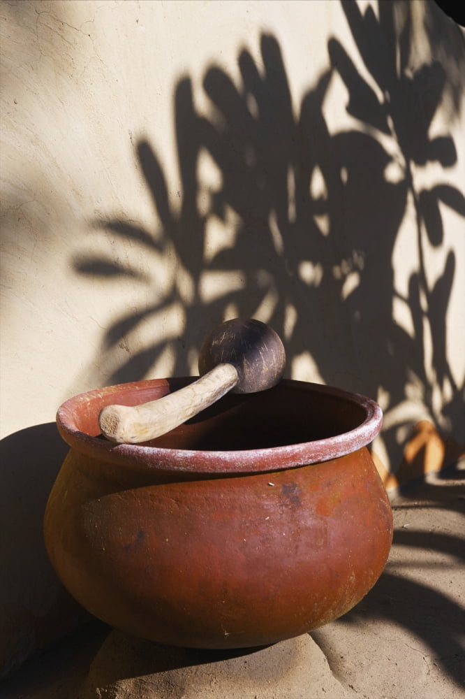 A clay bowl and wooden tool Ulpotha Embogama Sri Lanka Canvas Art - Ingrid Rasmussen Design Pics (24 x 38)