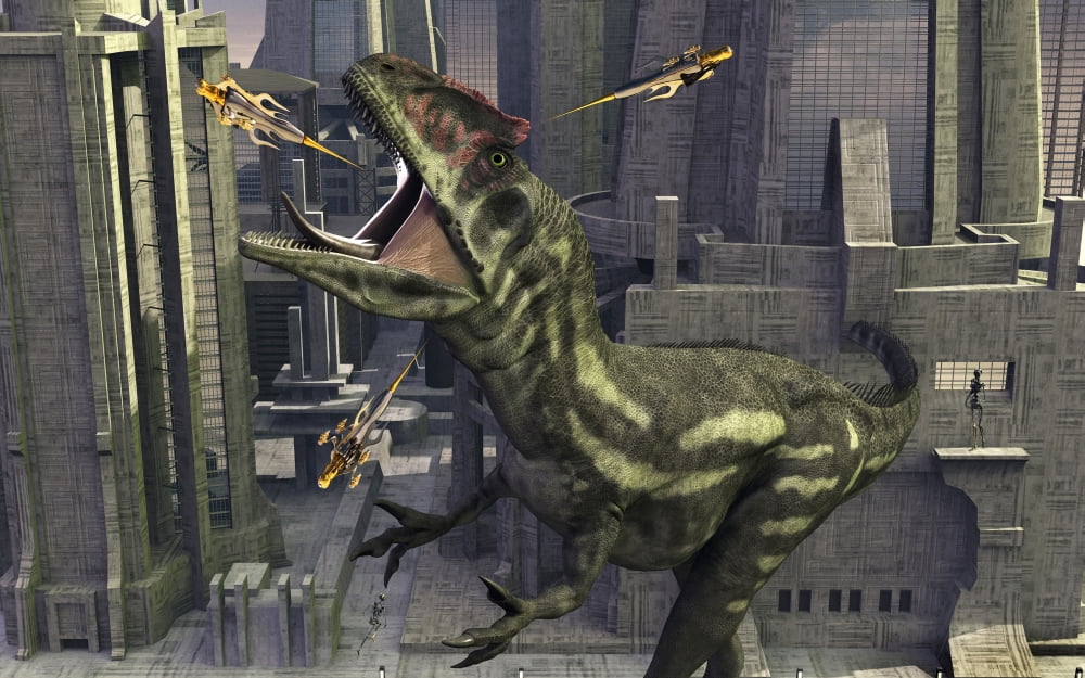 A cloned Allosaurus being sedated by robotic devices Canvas Art - Mark StevensonStocktrek Images (18 x 12)