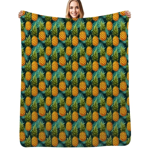 A close up of a pineapple and palm leaves pattern Flannel Blanket Warm Soft Bedding Throws Winter Camping Chair Sofa Bed