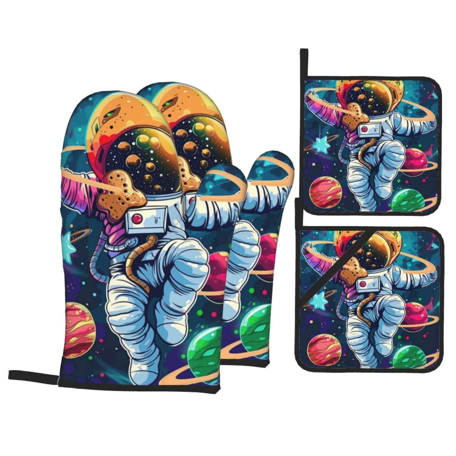 A closeup of artistic abstraction oven mitts and potholders 4piece