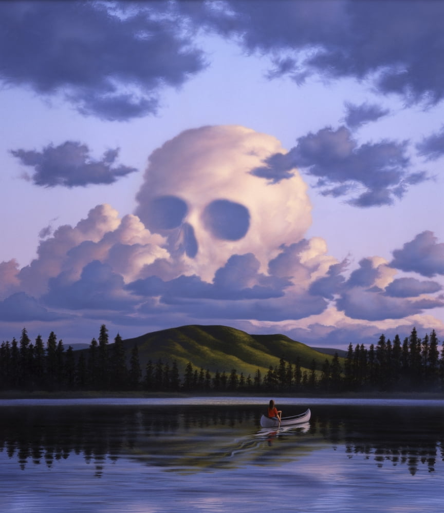 A cloud formation depicting a skull with a lake and canoeist below Canvas Art - Jerry LoFaroStocktrek Images (26 x 30)