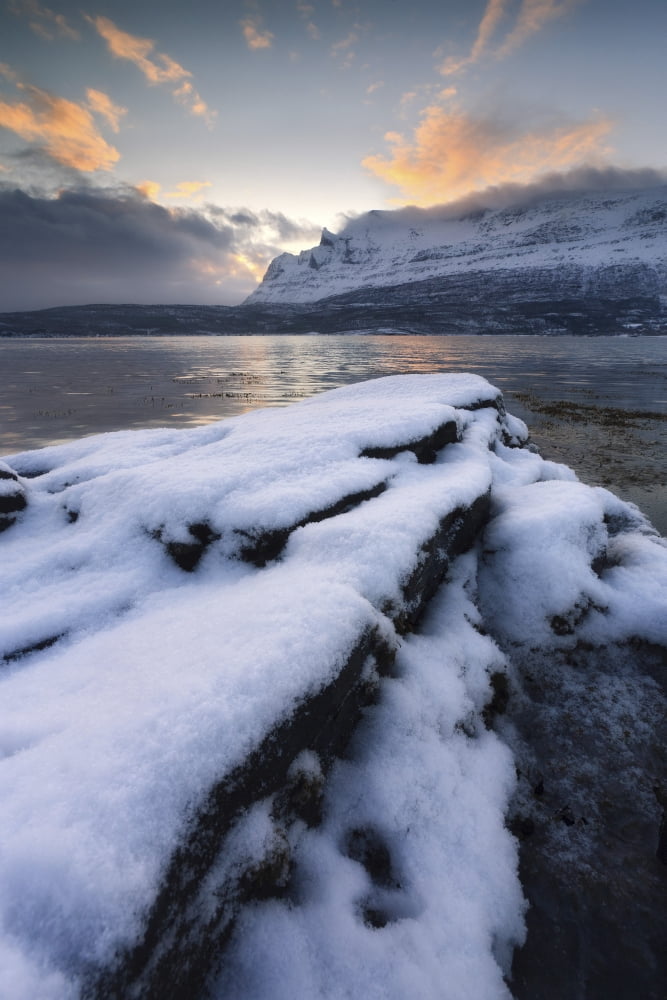 A cold morning in Grovfjorden Troms County Norway Canvas Art - Arild HeitmannStocktrek Images (12 x 18)