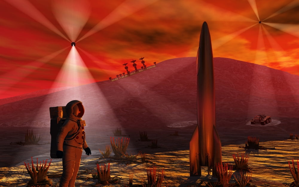 A colony being established on an alien red planet Canvas Art - Mark StevensonStocktrek Images (36 x 23)