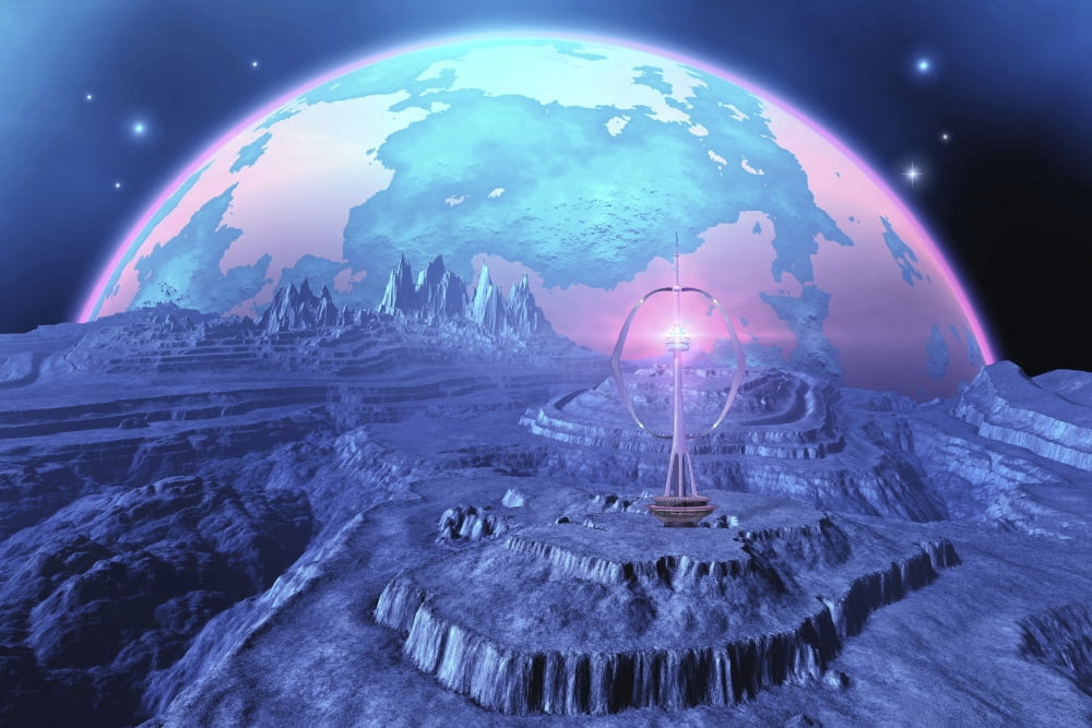 A colony on an alien moon with a beautiful planet in its sky Canvas Art - Corey FordStocktrek Images (18 x 12)