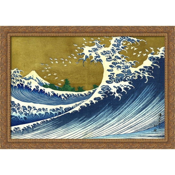 A colored version of the Big wave 38x28 Large Gold Ornate Wood Framed Canvas Art by Katsushika Hokusai