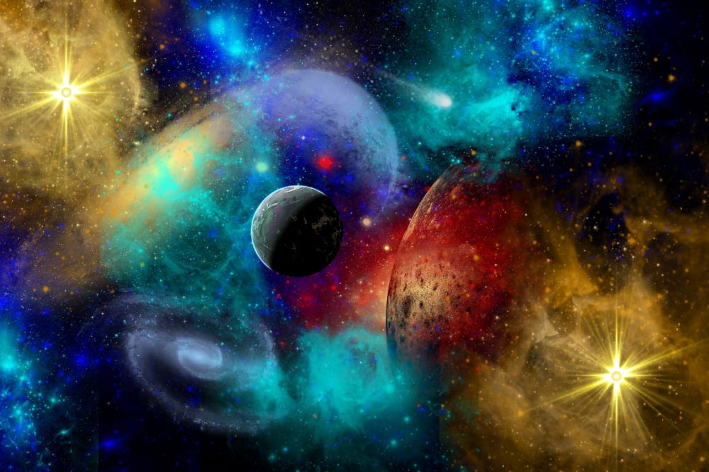 A colorful part of our galaxy featuring planets galaxies and nebulae Canvas Art - Mark StevensonStocktrek Images (35 x 23)