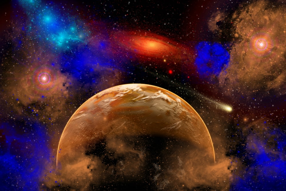 A colorful star system illuminated by different colored nebula gases Canvas Art - Mark StevensonStocktrek Images (35 x 23)