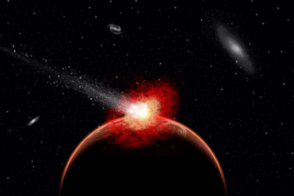 A comet hitting an alien planet Canvas Art - Mark StevensonStocktrek Images (18 x 12)