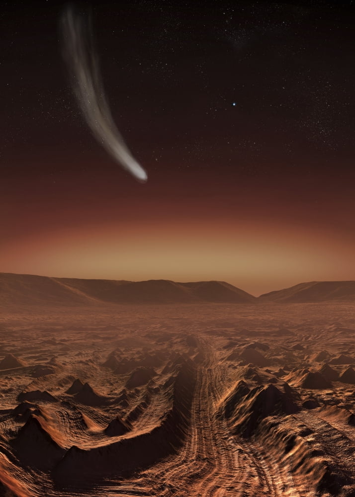 A comet lights up the landscape of Candor Chasma over Mars Canvas Art - Steven HobbsStocktrek Images (12 x 17)