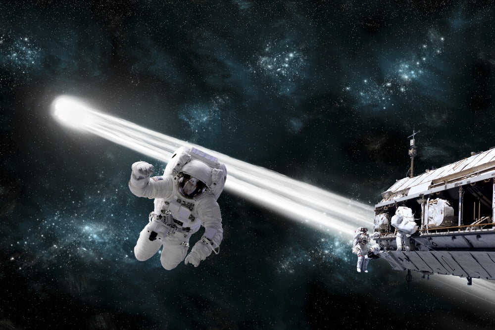 A comet passes dangerously close to astroanuts working on space station Canvas Art - Marc WardStocktrek Images (35 x 24)