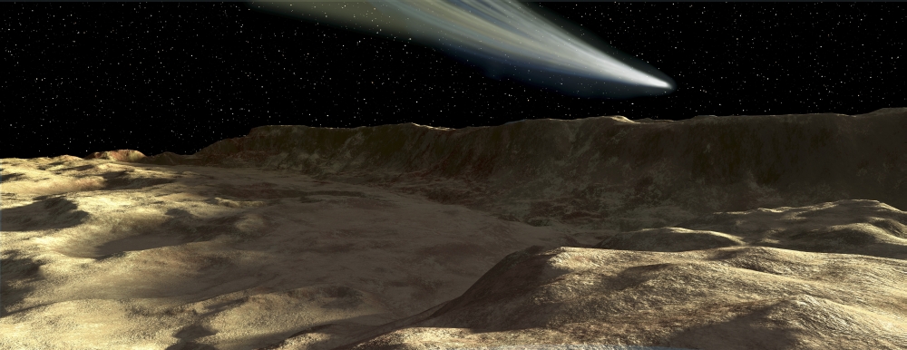 A comet passes over the surface of Mercury Canvas Art - Ron MillerStocktrek Images (23 x 9)