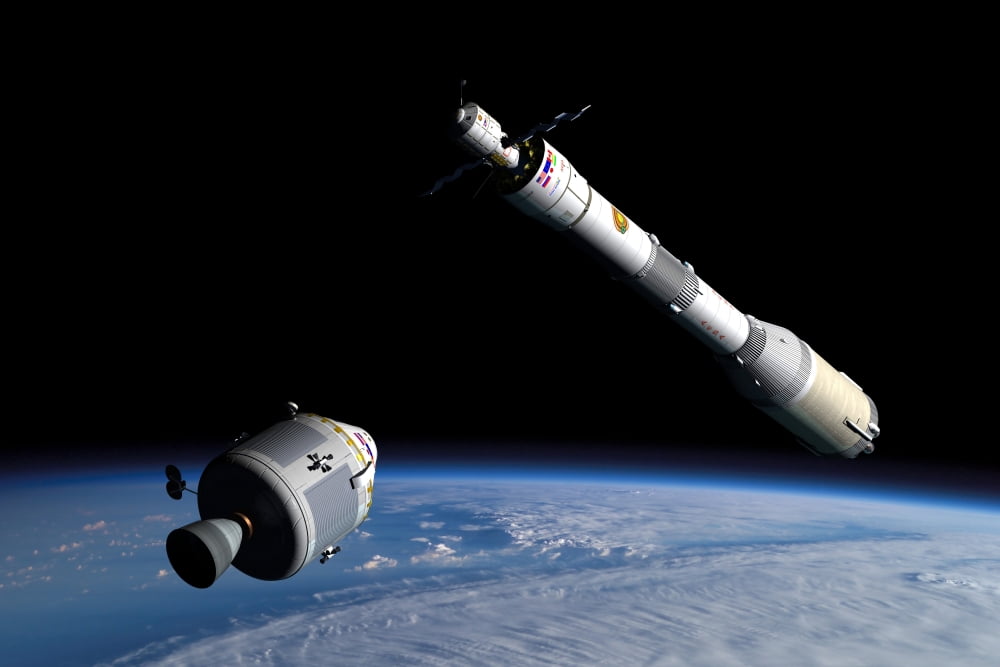 A command module approaches an awaiting rocket in Earth orbit Canvas Art - Walter MyersStocktrek Images (35 x 24)
