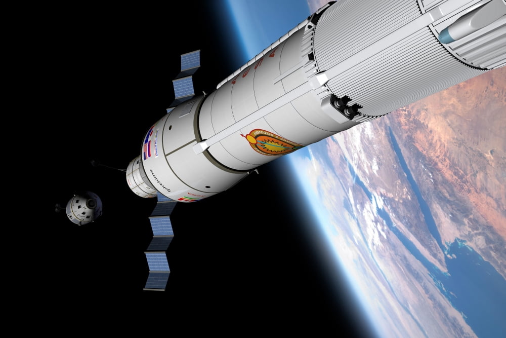 A command module approaches an awaiting rocket in Earth orbit Canvas Art - Walter MyersStocktrek Images (35 x 24)