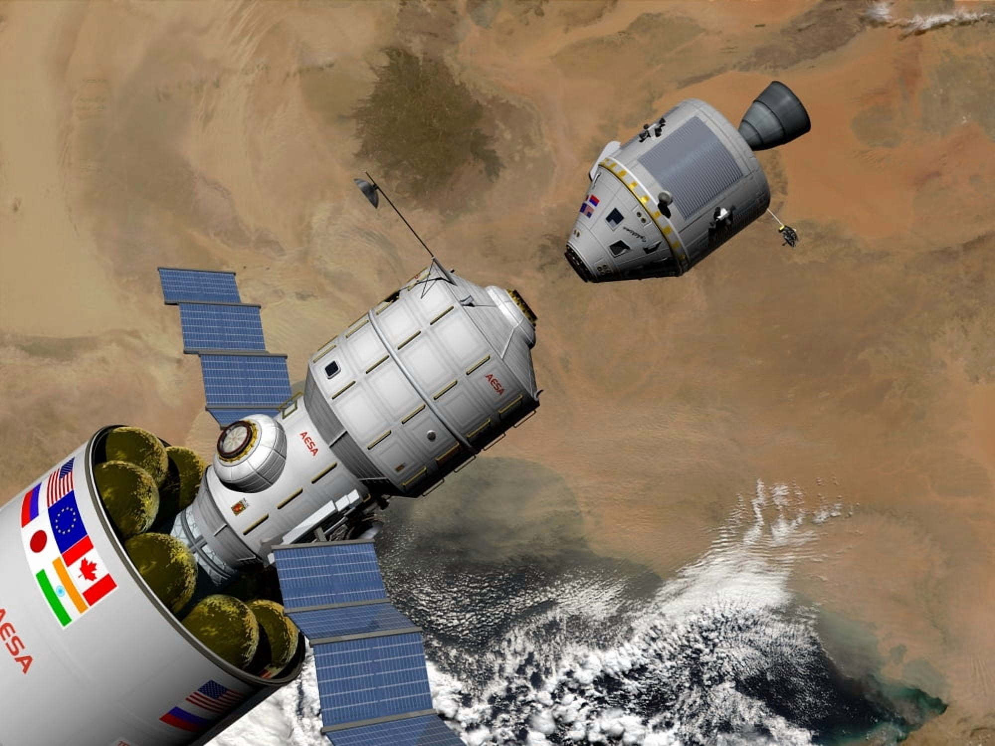 A command module prepares to dock with a Phobos mission rocket in Earth orbit Canvas Art - Walter MyersStocktrek Images (33 x 25)