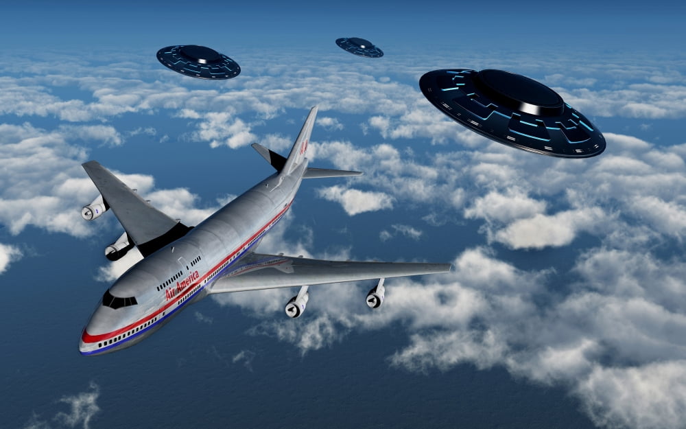 A commerical flight Boeing 747 being stalked by UFOs Canvas Art - Mark StevensonStocktrek Images (18 x 12)