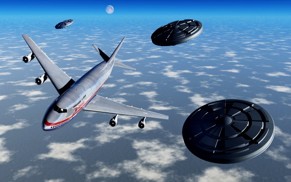A commerical flight Boeing 747 being stalked by UFOs Canvas Art - Mark StevensonStocktrek Images (18 x 12)