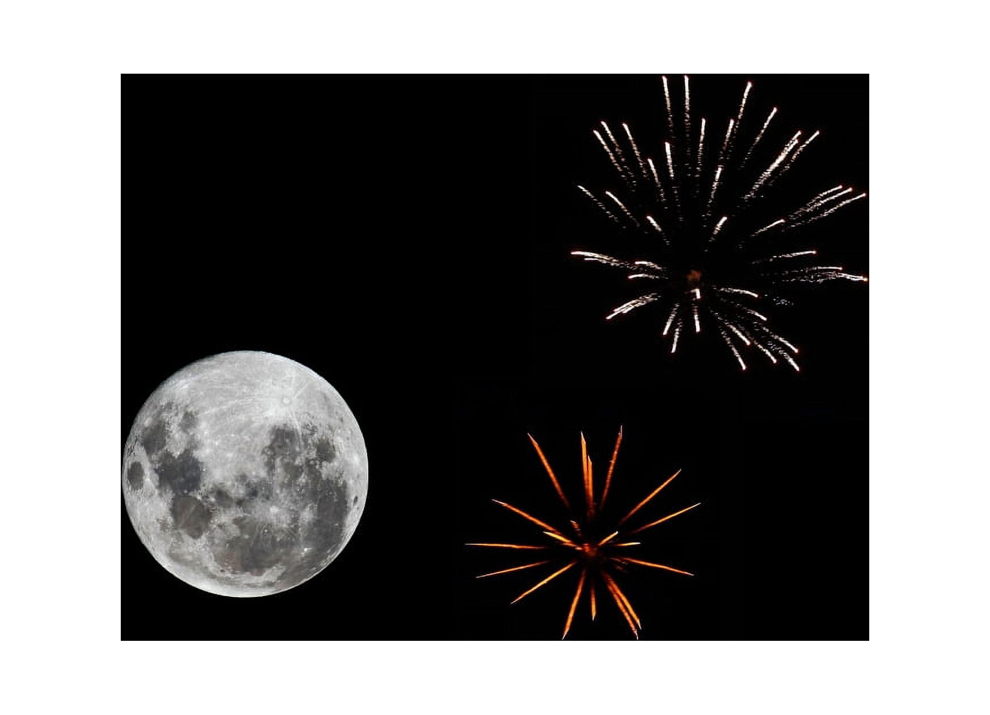 A composite image with fireworks and a new Moon Canvas Art - Luis ArgerichStocktrek Images (17 x 12)