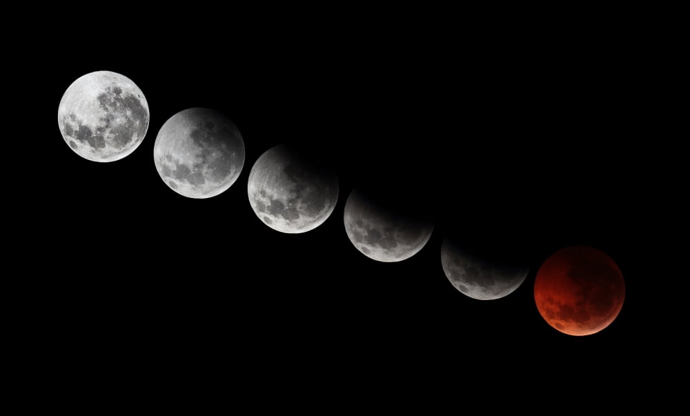 A composite showing different stages of the 2010 solstice total moon eclipse Canvas Art - Luis ArgerichStocktrek Images (18 x 11)