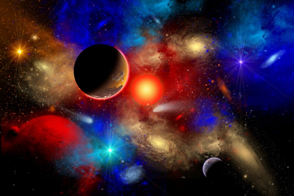 A conceptual image of the universe with its mixture of rich colours and cosmic objects Canvas Art - Mark StevensonStocktrek Images (34 x 23)