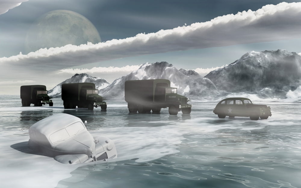 A convoy of military vehicles traveling through harsh winter weather Canvas Art - Mark StevensonStocktrek Images (18 x 12)