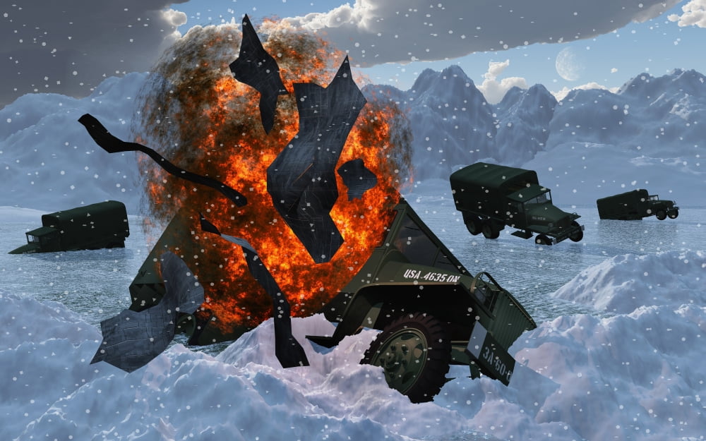 A convoy of military vehicles with one truck exploding Canvas Art - Mark StevensonStocktrek Images (36 x 23)