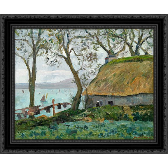 A cottage with thatched roof in Douarnenez 24x20 Black Ornate Wood Framed Canvas Art by Maufra, Maxime