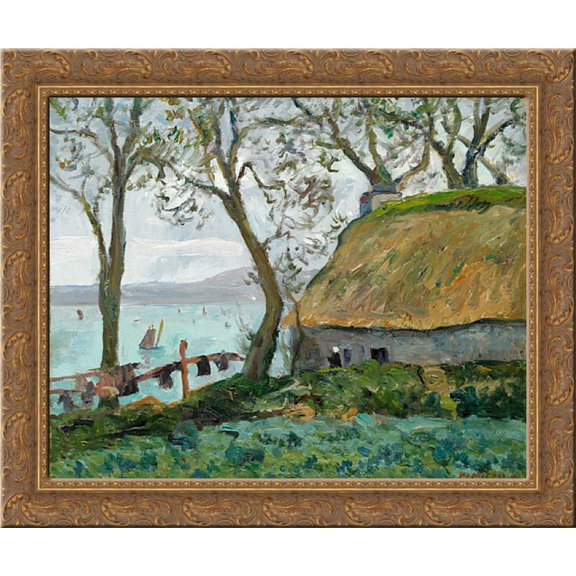 A cottage with thatched roof in Douarnenez 24x20 Gold Ornate Wood Framed Canvas Art by Maufra, Maxime