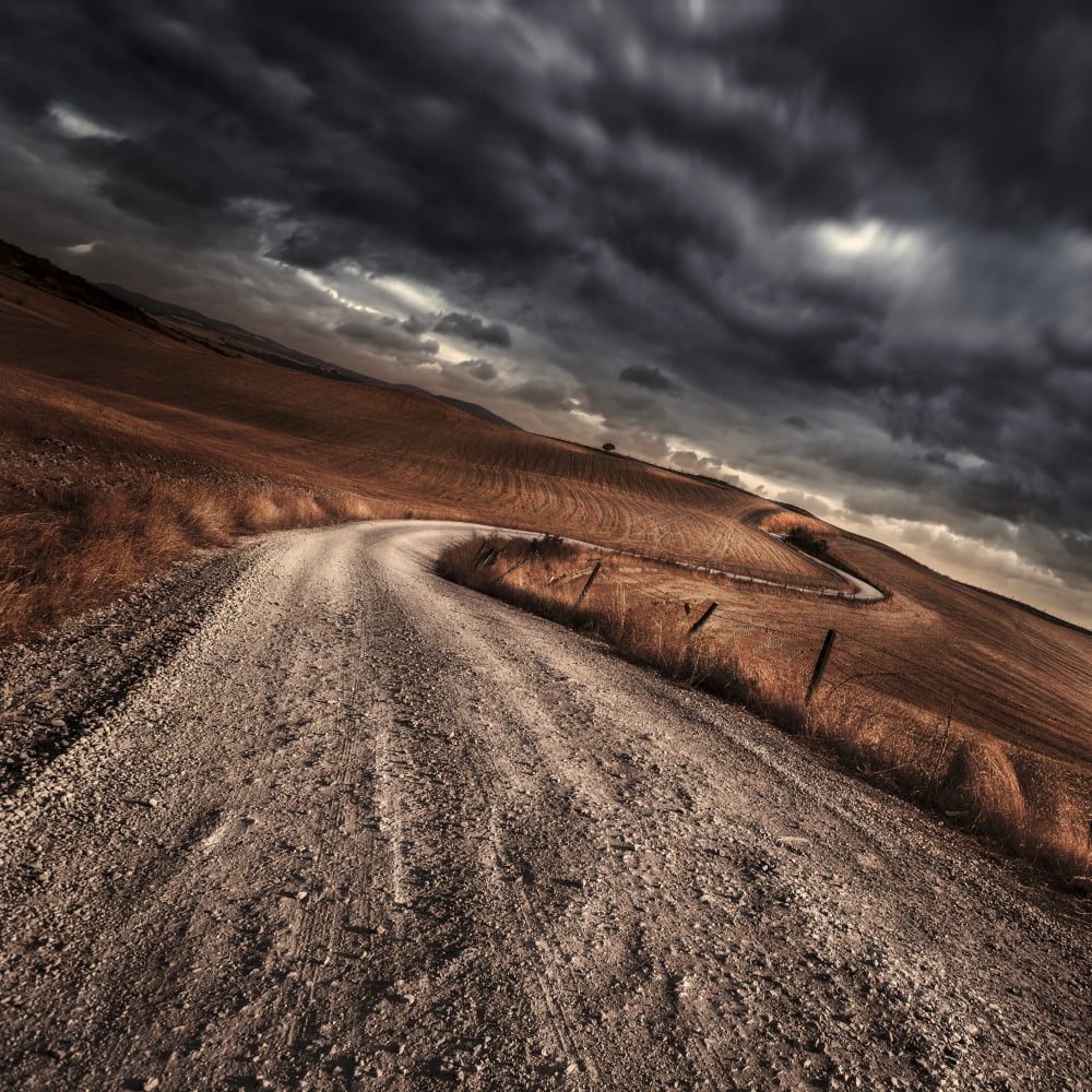 A country road in field with stormy sky above Tuscany Italy Canvas Art - Evgeny KuklevStocktrek Images (29 x 29)