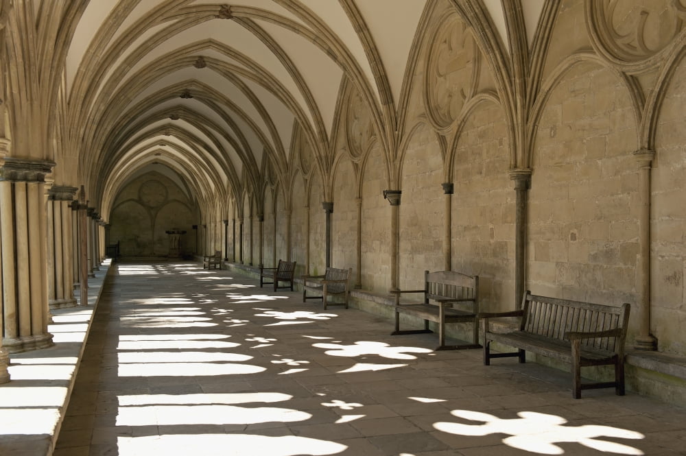 A covered corridor with benches and a dome ceilingSalisbury england Canvas Art - Jim Julien Design Pics (38 x 24)
