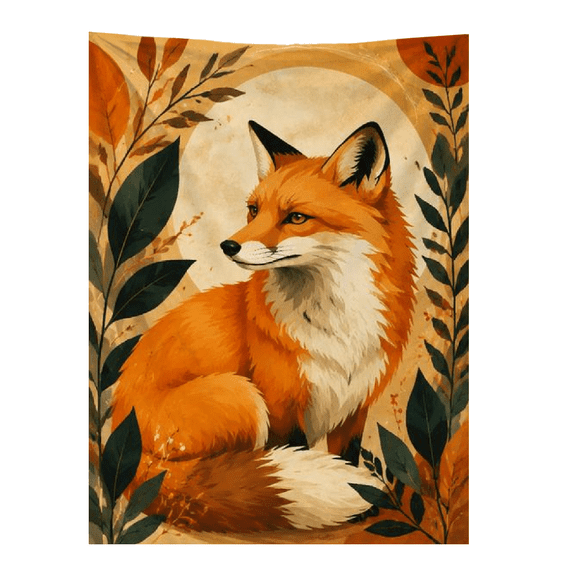 A cozy flannel blanket with artistic orange fox and botanical floral print, soft and warm, great for bedroom, living room, and holiday decor gifting.