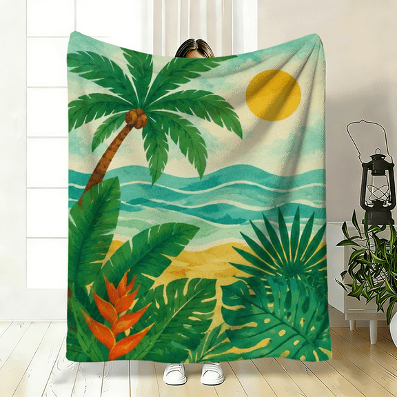 A cozy flannel blanket with palm tree, sun, and hibiscus tropical print, soft and lightweight, great for sofa, bed, living room, and Hawaiian decor.