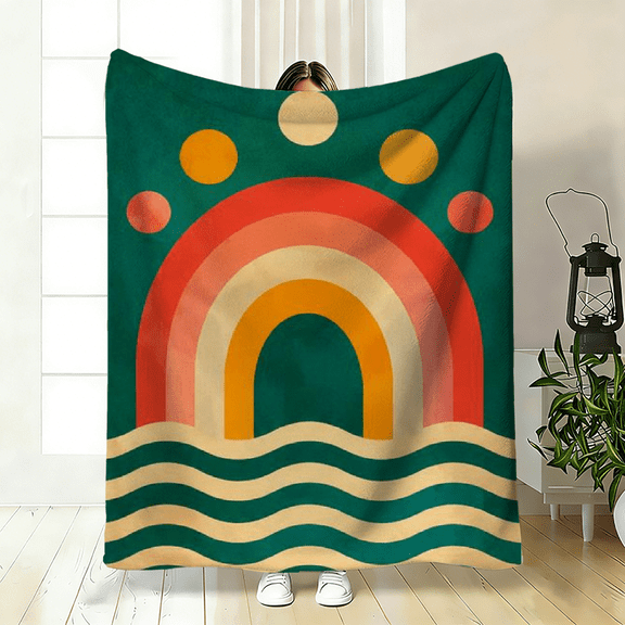 A cozy flannel blanket with retro 70s bohemian sun and rainbow pattern, soft and colorful, great for living room, bedroom, couch, and gifting.