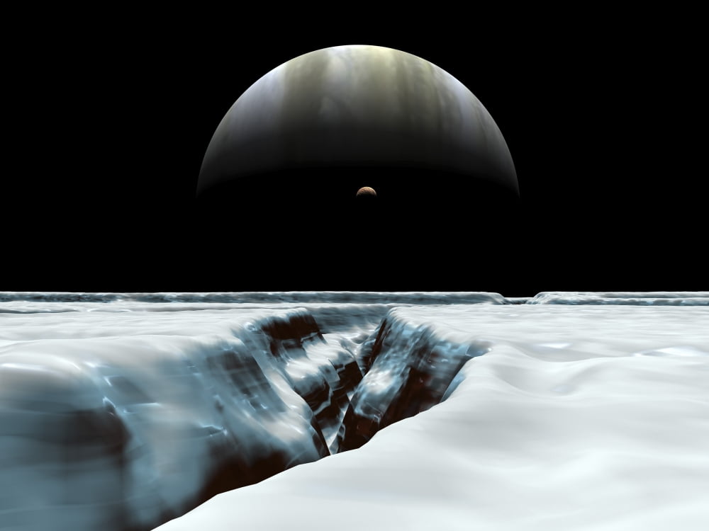 A crescent Jupiter and volcanic satellite Io hover over the horizon of the icy moon of Europa Canvas Art - Walter MyersStocktrek Images (33 x 25)