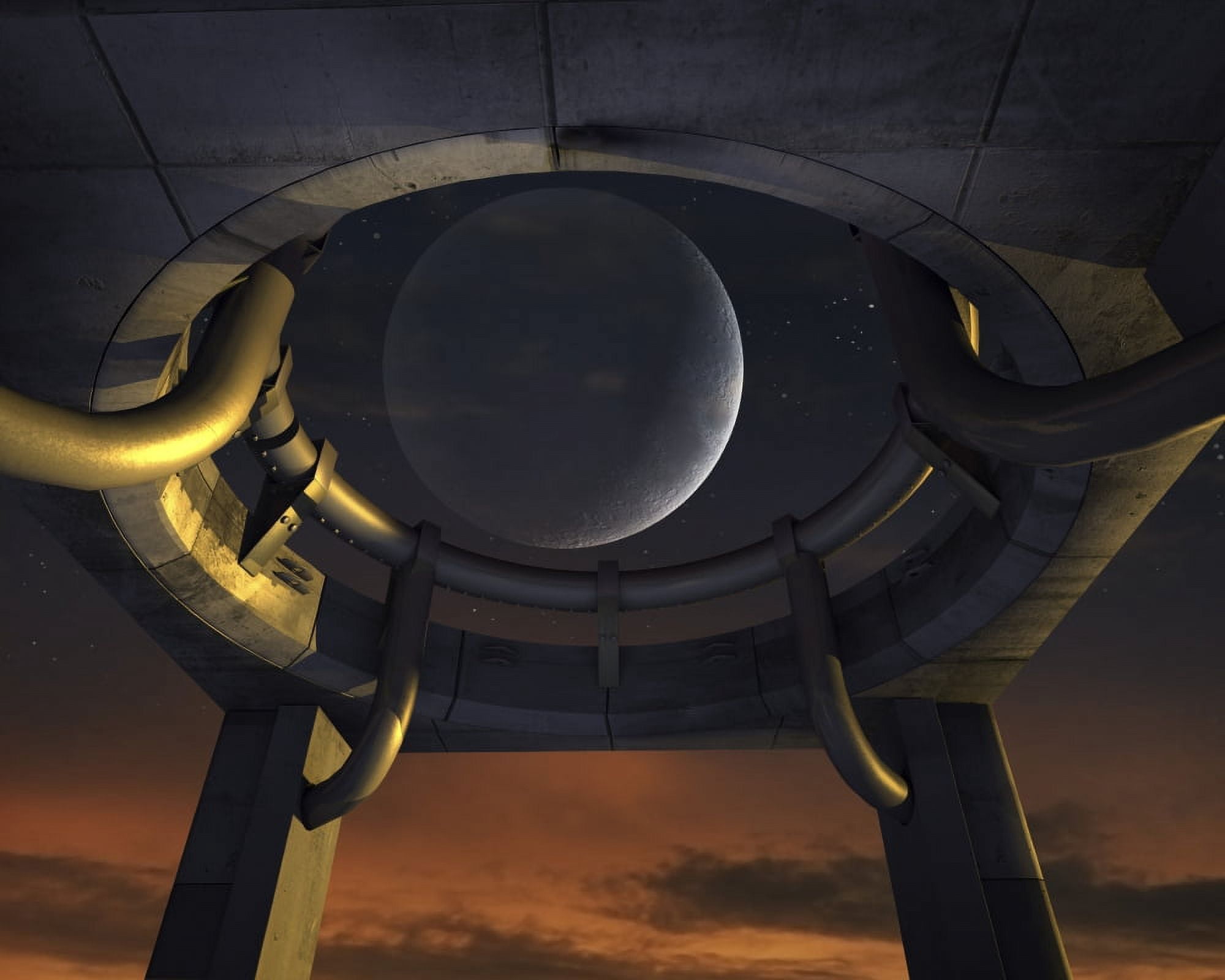 A crescent moon shines through a monumental launch site Canvas Art - Steven HobbsStocktrek Images (16 x 13)