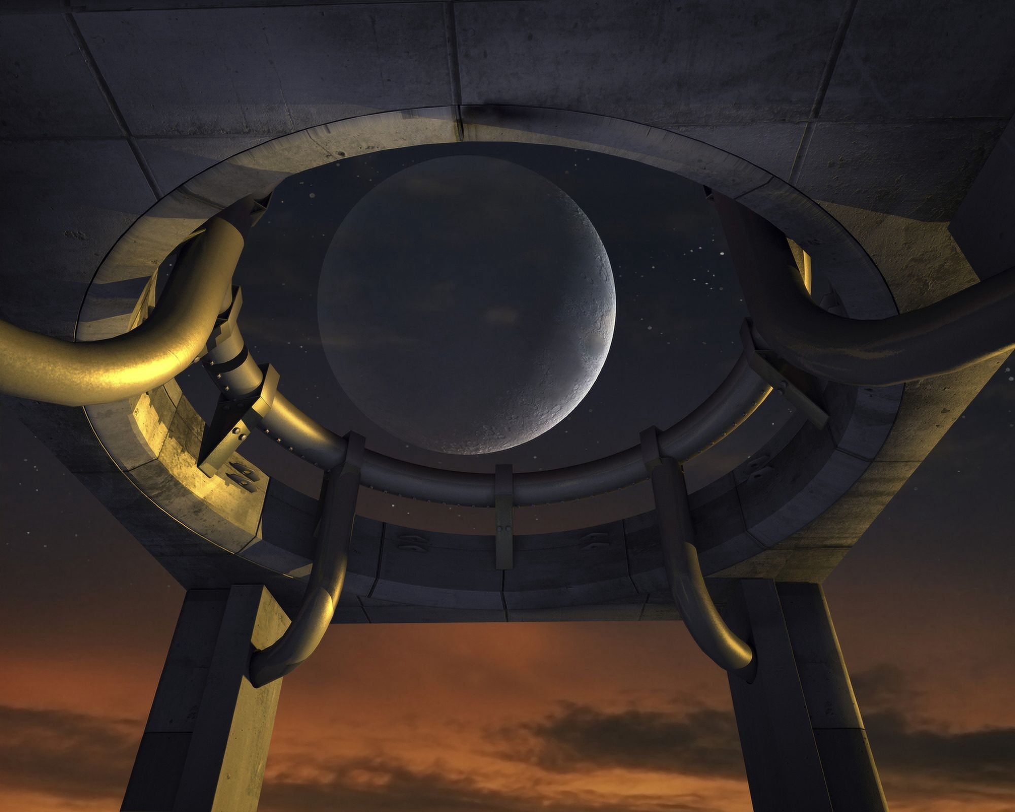 A crescent moon shines through a monumental launch site Canvas Art - Steven HobbsStocktrek Images (32 x 26)