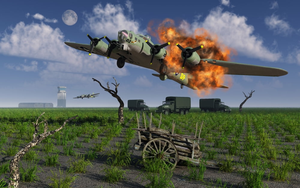 A damaged B-17 Flying Fortress attempting an emergency landing Canvas Art - Mark StevensonStocktrek Images (18 x 12)