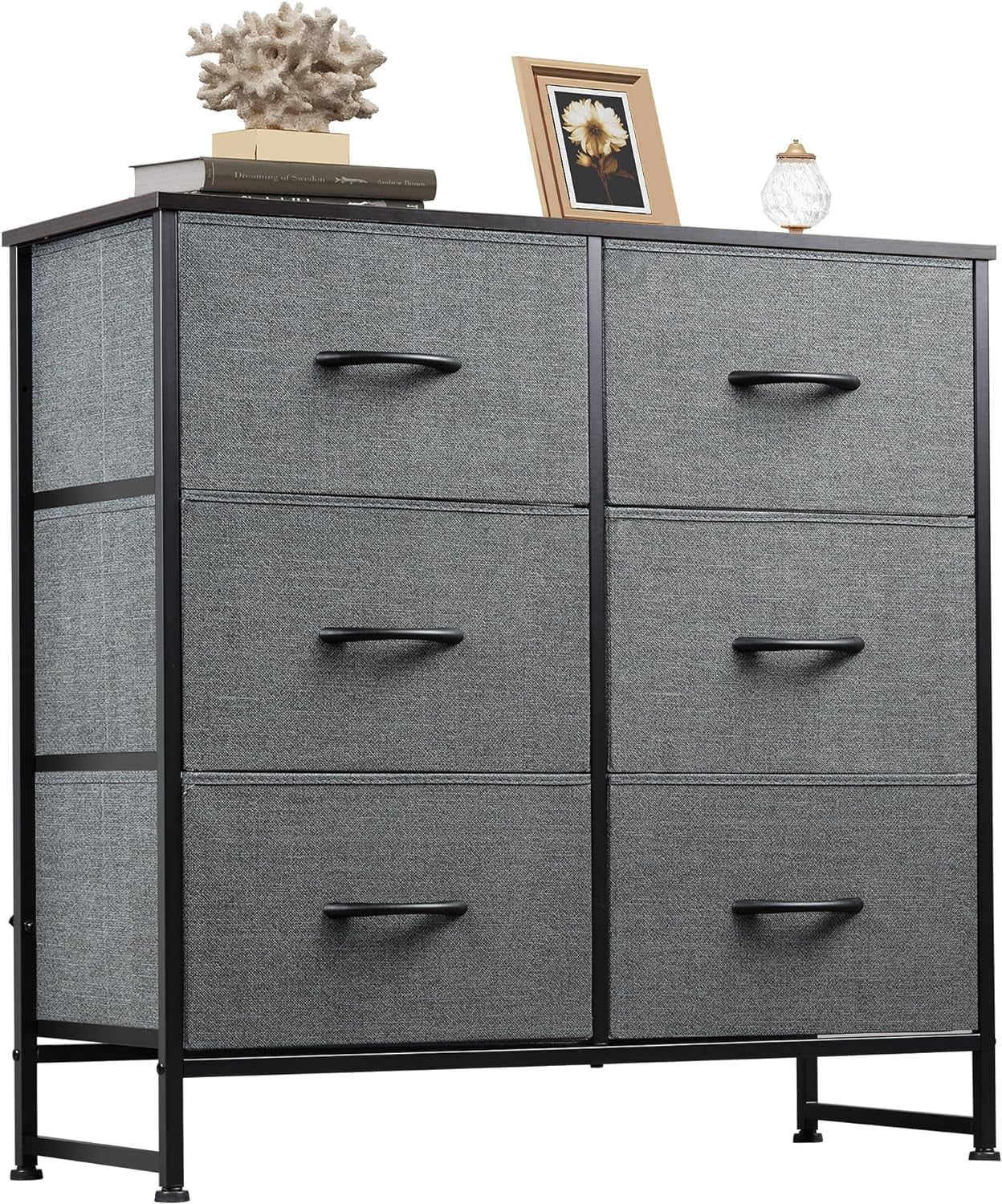Dark Grey Double Dresser with Fabric Bins and Dark Wood Top