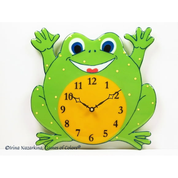 A decorative fused glass clock "Joyful Frog".