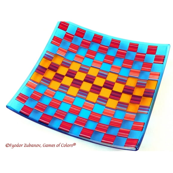 A decorative square plate "Flying Checkers"; fused glass
