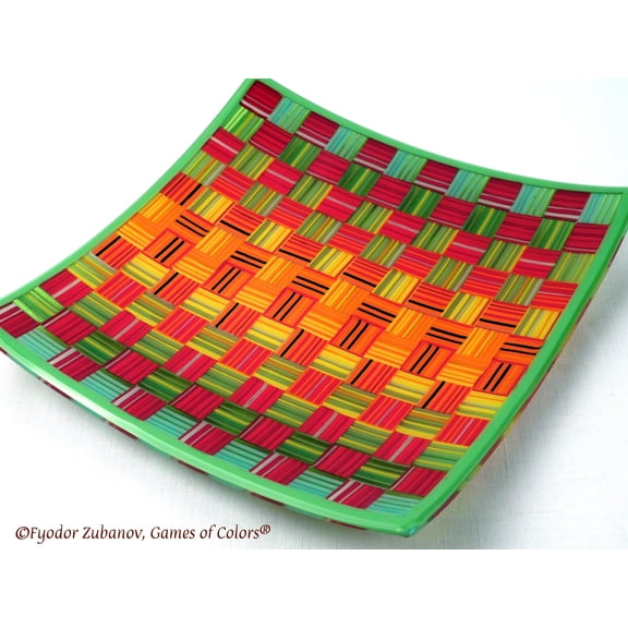 A decorative square plate "Striped Checkers"; fused glass