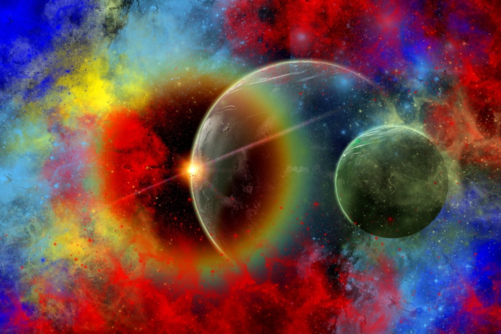 A distant alien world and its moon surrounded by nebulous gas clouds Canvas Art - Mark StevensonStocktrek Images (18 x 12)