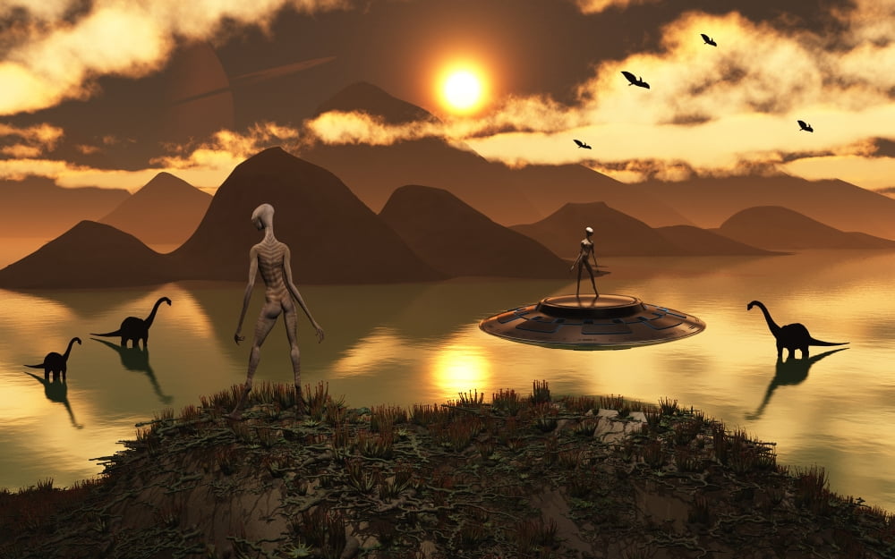 A distant alien world where reptoids are the dominant species and dinosaurs roam freely Canvas Art - Mark StevensonStocktrek Images (36 x 23)
