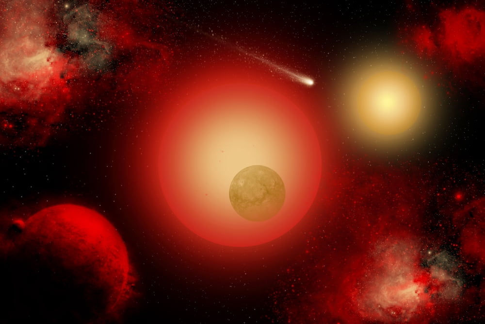 A distant binary star system located within The Milky Way Canvas Art - Mark StevensonStocktrek Images (18 x 12)
