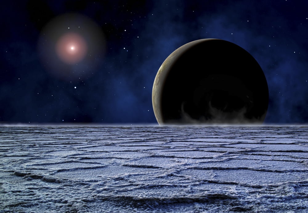 A distant star illuminates an extrasolar planet on the horizon of a frozen moon Canvas Art - Frank HettickStocktrek Images (17 x 12)